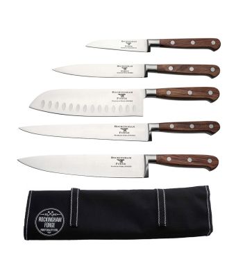 Rockingham Forge Pro Wood Series 5 Piece Set with Roll (9cm Paring Knife, 13cm Utility, 20cm Cooks Knife, 18cm Santoku & 20cm Carving Knife)