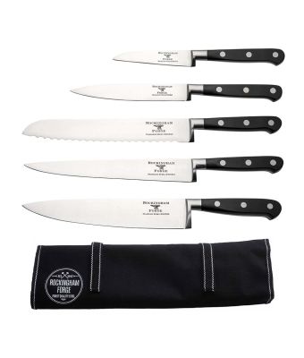 Rockingham Forge Pro Black Series 5 Piece Set with Roll (9cm Paring Knife, 13cm Utility, 20cm Cooks Knife, 20cm Bread & 20cm Carving Knife)