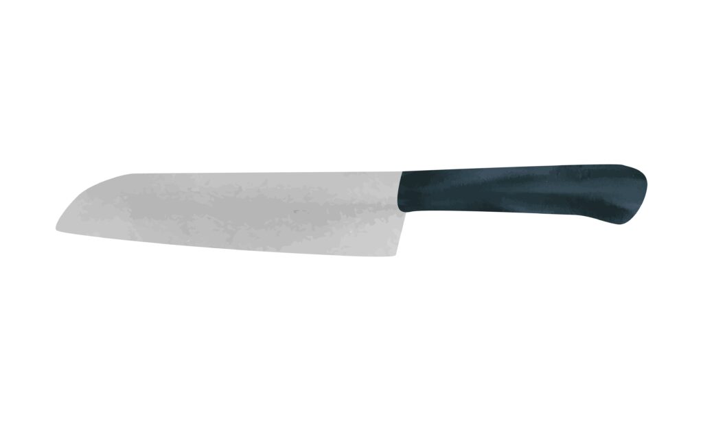 A stainless steel santoku knife with a black plastic handle