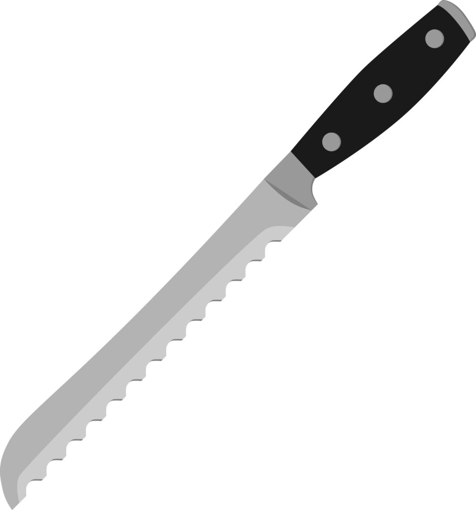 A bread knife with a stainless steel blade and black handle. The black handle has three metallic dots. The blade of the knife is serrated to make cutting through bread easier.