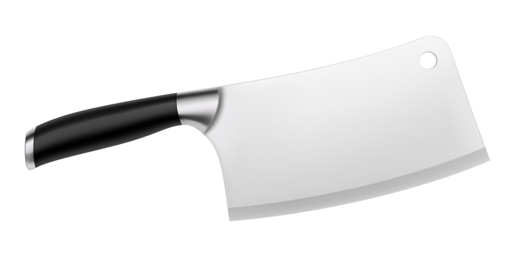 A meat cleaver. The long blade of the cleaver is made from stainless steel, while the short handle is made from black plastic. The blade of the knife is on the right of the screen. 